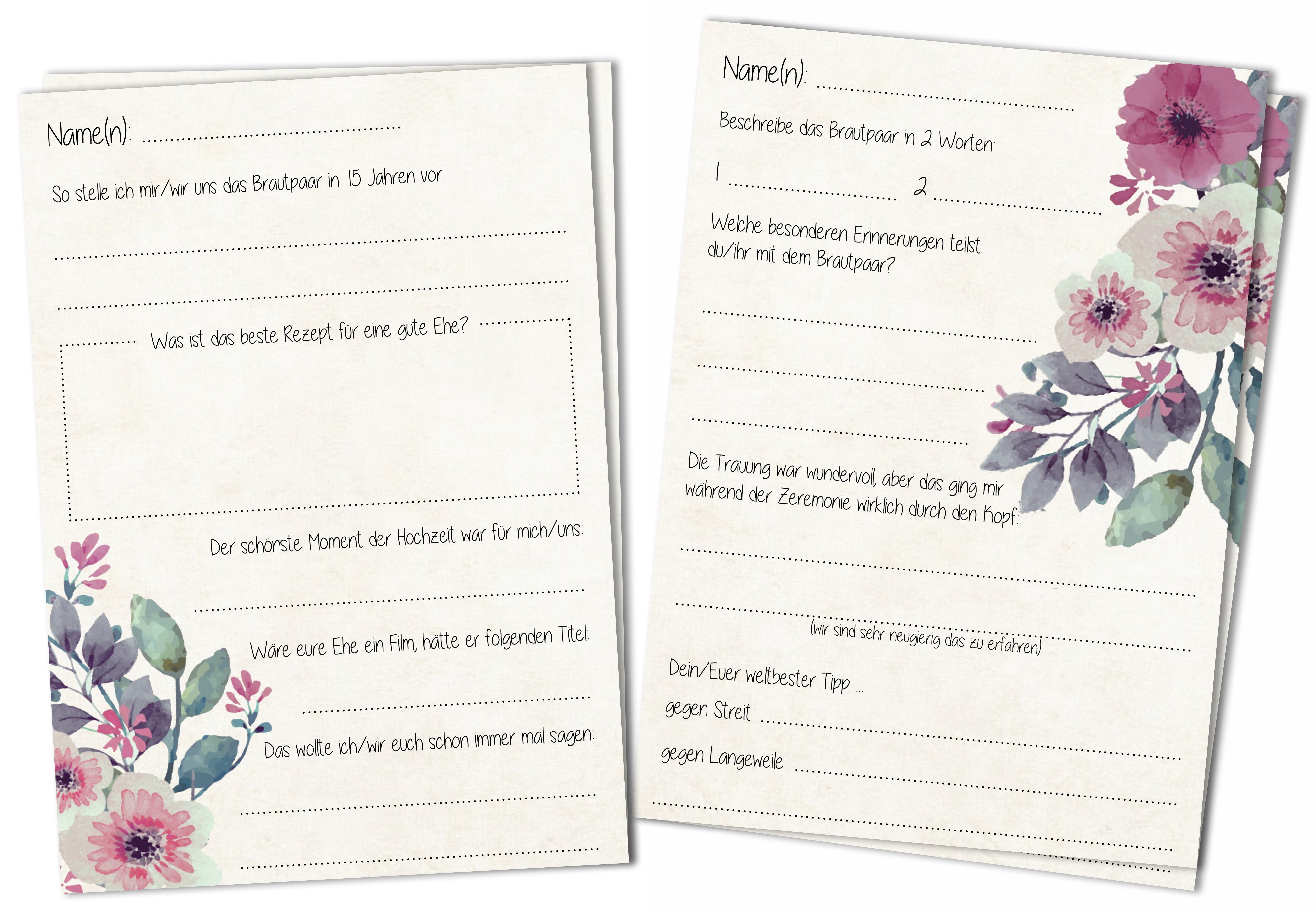 Gästebuchseiten Fragekarten Für Die Hochzeit A6 Mit Zwei Motiven Hochzeit Diy 4356