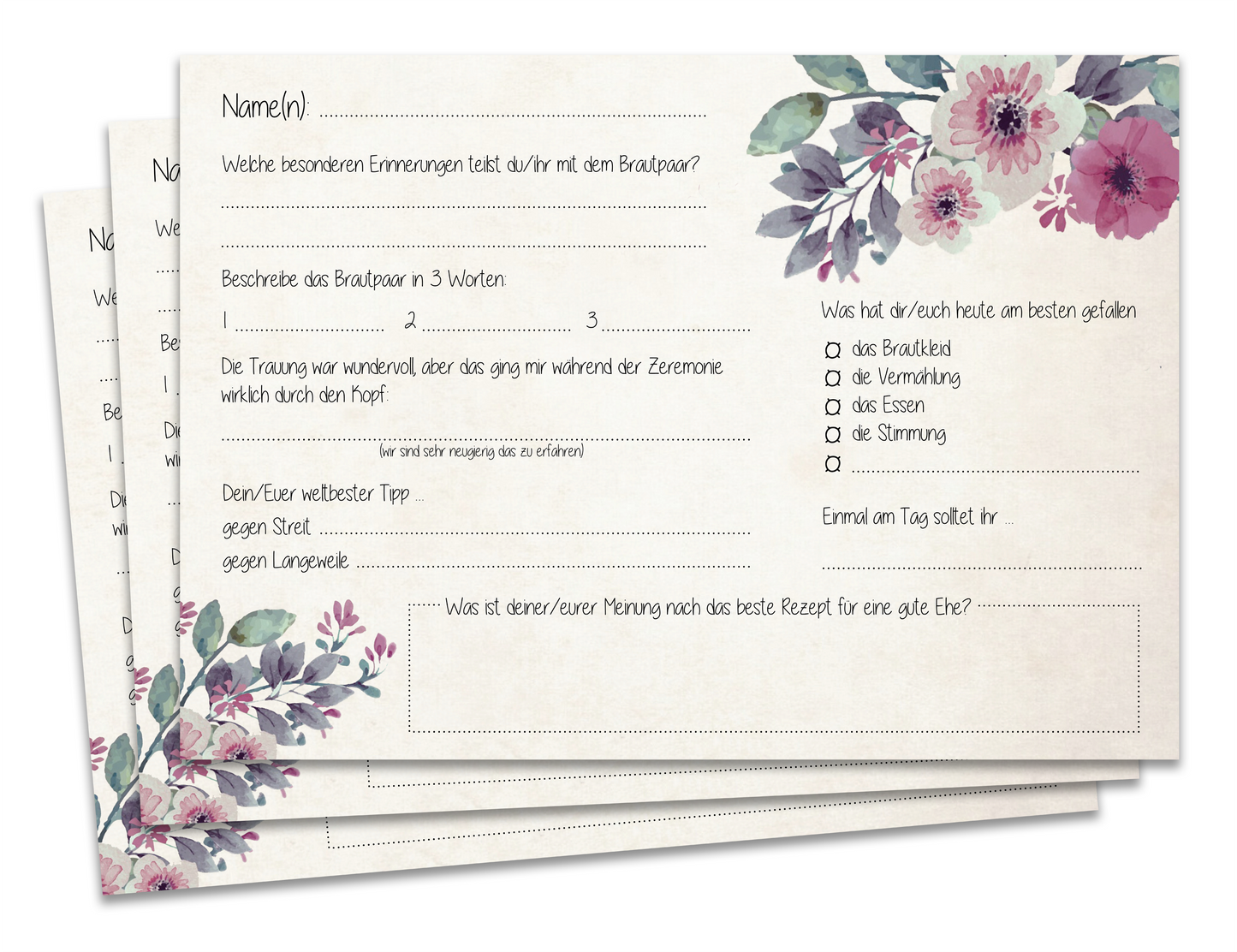 Gästebuchseiten / Fragekarten für die Hochzeit (A5)