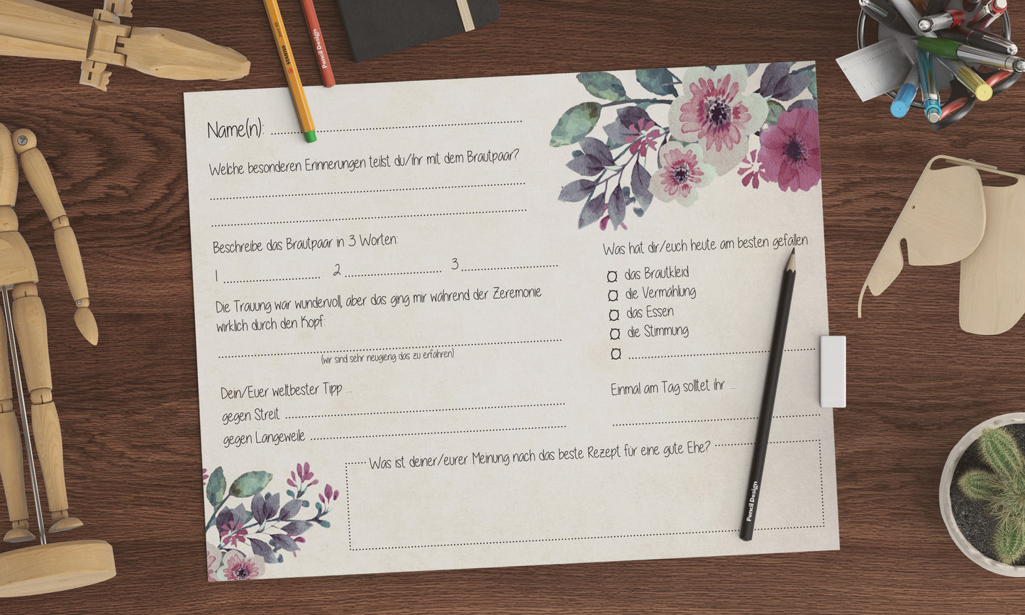 Gästebuchseiten / Fragekarten für die Hochzeit (A5)