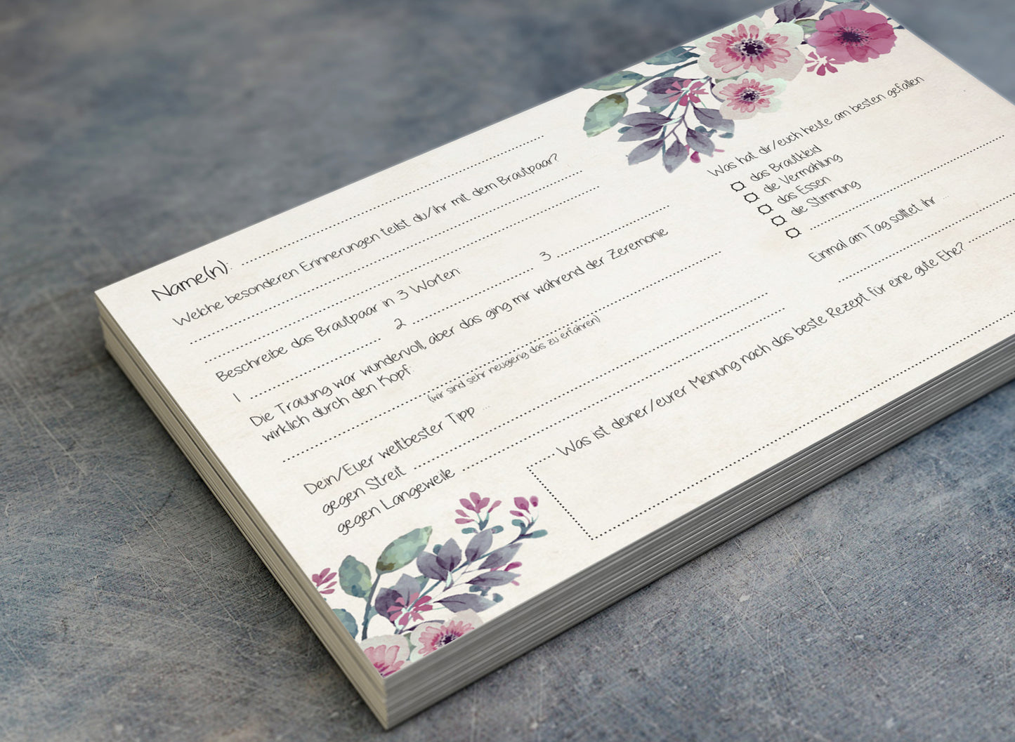Gästebuchseiten / Fragekarten für die Hochzeit (A5)