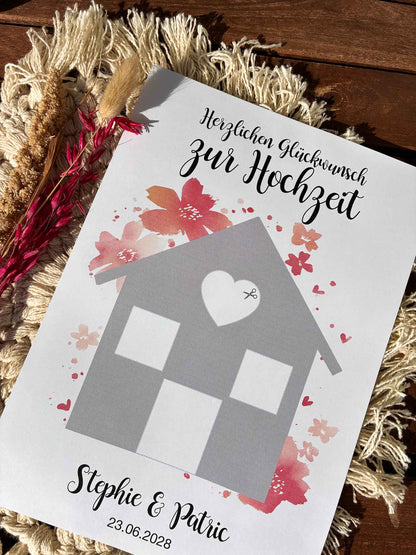 Geldgeschenk Hochzeit personalisiert | Haus Druckvorlage A4 zum Ausschneiden | DIY Geldgeschenk Brautpaar | Printable Poster Eigenheim & Hausbau