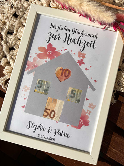 Geldgeschenk Hochzeit personalisiert | Haus Druckvorlage A4 zum Ausschneiden | DIY Geldgeschenk Brautpaar | Printable Poster Eigenheim & Hausbau