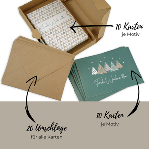 Weihnachtskarten & Umschläge aus Kraftpapier (20er Set, Tannenbäume)
